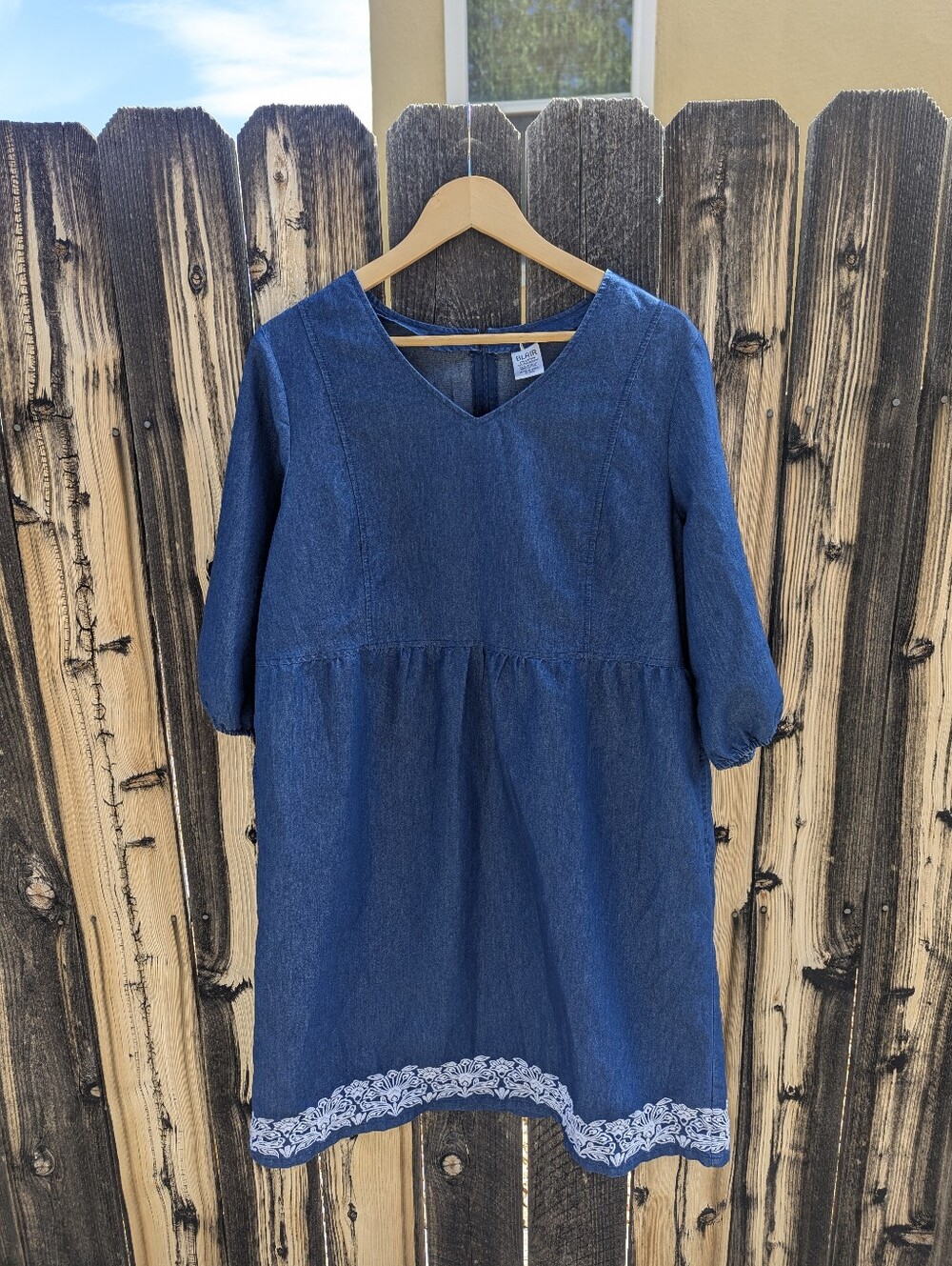 Women's Denim Dress with Embroidered Hem - Picture 2 of 5